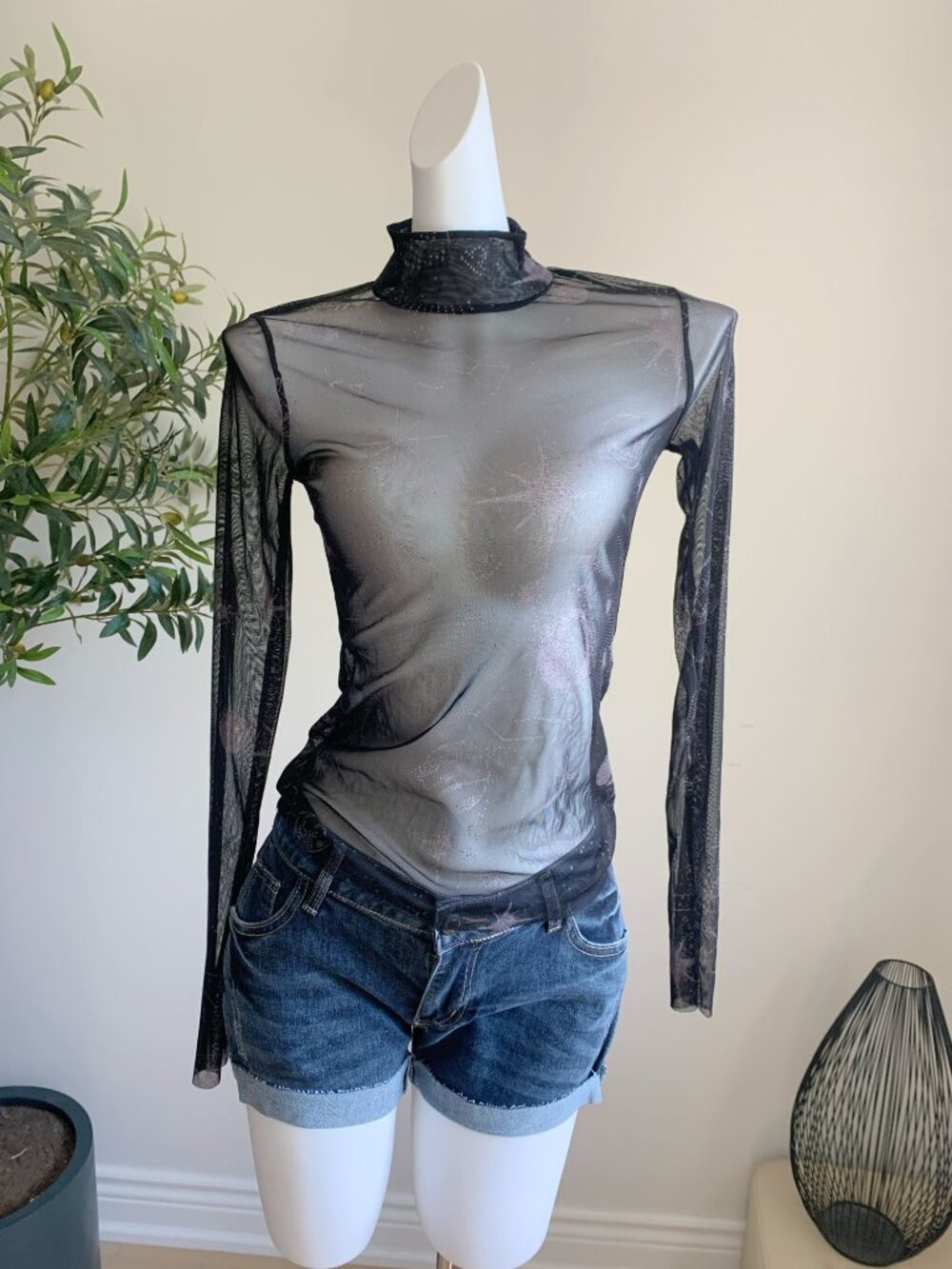 ZARA Black Mesh Star Sun Print Sheer Top Size S